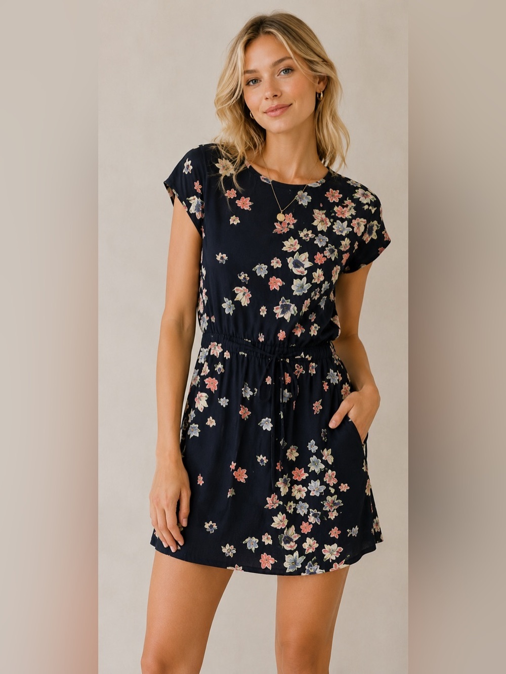Club Monaco Navy Floral Short-Sleeve Dress